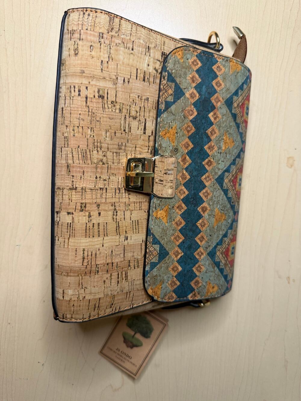 JS Ondo Sustainable Cork Crossbody Bag with Geometric Pattern NWT